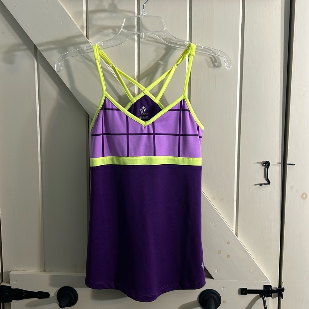 JOFIT, women’s tank top. XS, purple & chartreuse. Adjustable straps, shelf bra.
